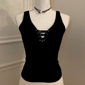 Suzette Collection Black Ribbed Lace Up Tank Top